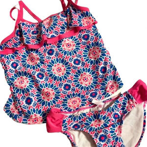 PSNY EUC GIRLS BATHING SUIT SWIMSUIT TOP BOTTOM PINK BLUE SUMMER BEACH SIZE 8
